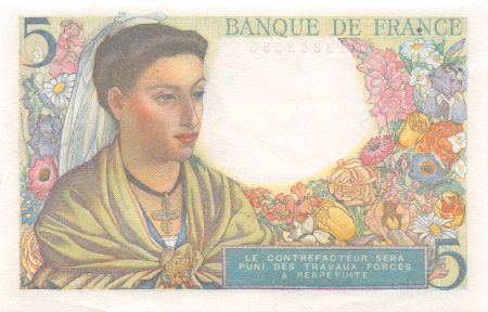 France 5 Francs Berger - 02-06-1943 Série J.6 - SPL