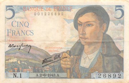 France 5 Francs Berger - 02-06-1943 Série N.1 - TTB