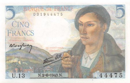 France 5 Francs Berger - 02-06-1943 Série U.13 - SPL