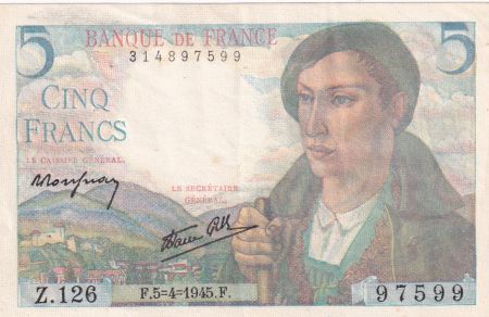 France 5 Francs Berger - 05-04-1945 - Série Z.126
