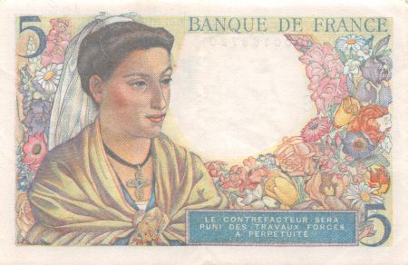 France 5 Francs Berger - 05-04-1945 Série B.121 - TTB