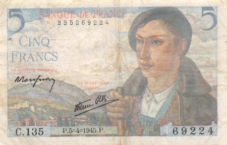 France 5 Francs Berger - 05-04-1945 Série C.135 - TB+