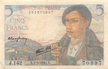 France 5 Francs Berger - 05-04-1945 Série J.142 - TB+