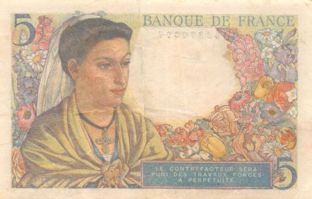 France 5 Francs Berger - 05-04-1945 Série J.142 - TB+