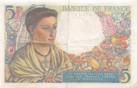 France 5 Francs Berger - 05-04-1945 Série L.140 - TTB