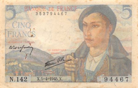 France 5 Francs Berger - 05-04-1945 Série N.142 - TB+