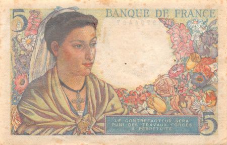 France 5 Francs Berger - 05-04-1945 Série N.142 - TB+