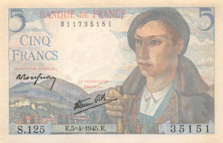 France 5 Francs Berger - 05-04-1945 Série S.125 - SUP