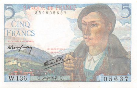 France 5 Francs Berger - 05-04-1945 Série W.136 - NEUF