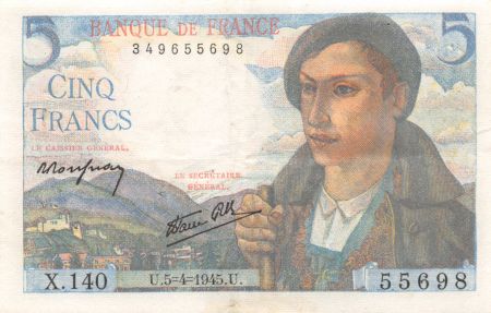 France 5 Francs Berger - 05-04-1945 Série X.140 - TTB
