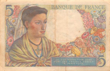 France 5 Francs Berger - 05-04-1945 Série Y.130 - TTB