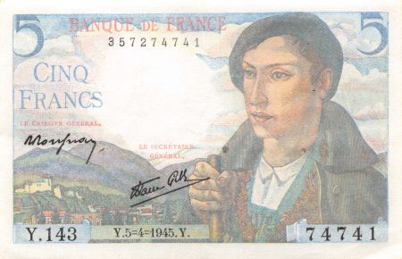 France 5 Francs Berger - 05-04-1945 Série Y.143 - TTB+