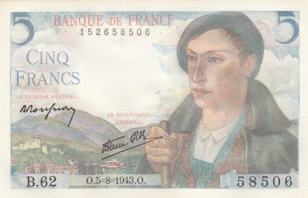 France 5 Francs Berger - 05-08-1943 Série B.62 - Neuf