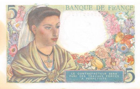 France 5 Francs Berger - 05-08-1943 Série B.62 - SPL
