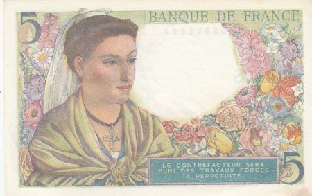 France 5 Francs Berger - 05-08-1943 Série B.62 - SUP