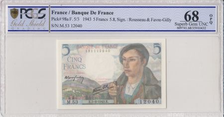 France 5 Francs Berger - 05-08-1943 Série M.53 - PCGS 68 OPQ