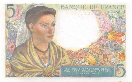 France 5 Francs Berger - 05-08-1943 Série M.71 - P.NEUF
