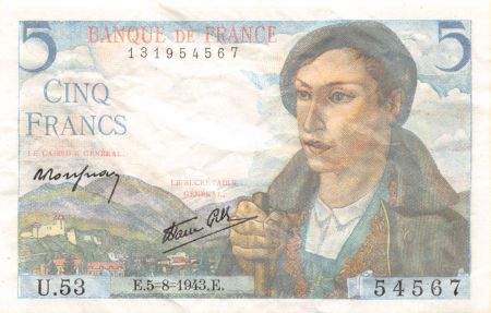 France 5 Francs Berger - 05-08-1943 Série U.53 - PTTB