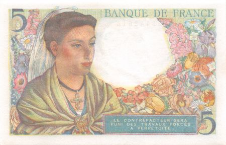France 5 Francs Berger - 05-08-1943 Série W.49 - SPL