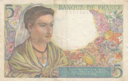 France 5 Francs Berger - 05-08-1943 Série W.57 - TTB