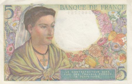France 5 Francs Berger - 05-08-1943 Série W.57 - TTB