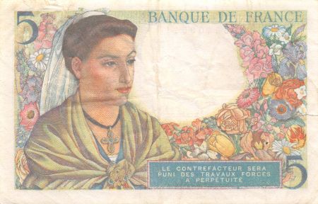 France 5 Francs Berger - 05-08-1943 Série W.65 - PTTB