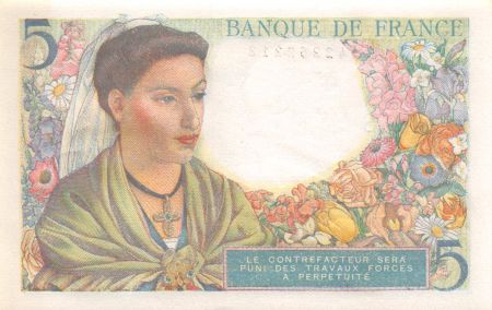 France 5 Francs Berger - 05-08-1943 Série Y.57 - SPL