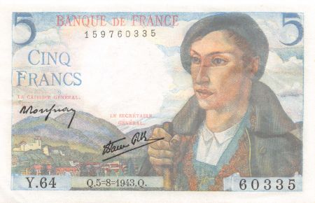 France 5 Francs Berger - 05-08-1943 Série Y.64 - SUP+