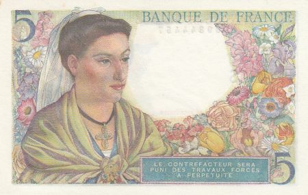France 5 Francs Berger - 22-07-1943 - Série T.36