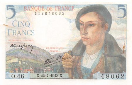 France 5 Francs Berger - 22-07-1943 Série O.46 - PSPL