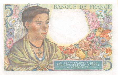 France 5 Francs Berger - 22-07-1943 Série V.47 - NEUF