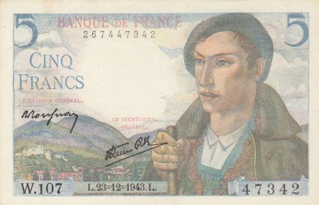 France 5 Francs Berger - 23-12-1943 - Série W.107