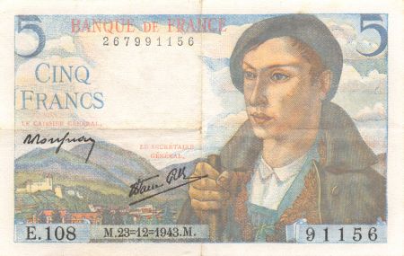 France 5 Francs Berger - 23-12-1943 Série E.108 - TTB+