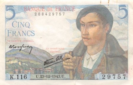 France 5 Francs Berger - 23-12-1943 Série K.116 - TTB+