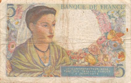 France 5 Francs Berger - 23-12-1943 Série R.100 - TB
