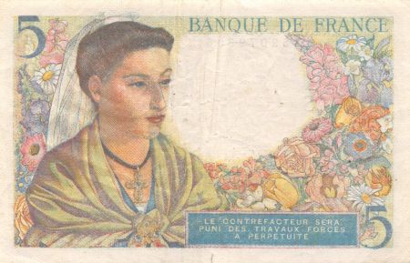 France 5 Francs Berger - 23-12-1943 Série V.101 - TB+