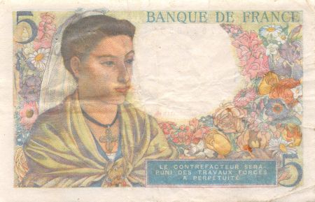 France 5 Francs Berger - 25-11-1943 Série B.92 - TB+