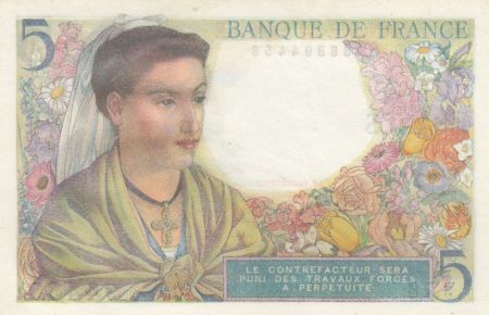France 5 Francs Berger - 25-11-1943 Série J.76 - 94458