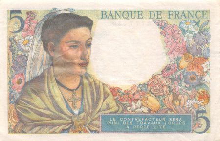 France 5 Francs Berger - 25-11-1943 Série N.96 - TTB+