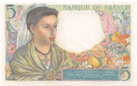 France 5 Francs Berger - 25-11-1943 Série Q.76 - NEUF
