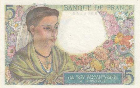 France 5 Francs Berger - 25-11-1943 Série W.80