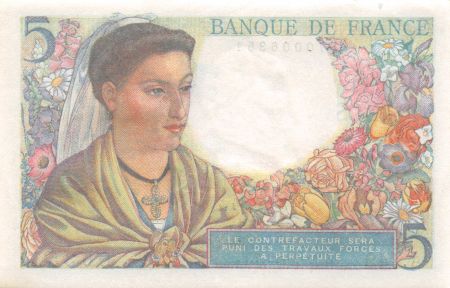 France 5 Francs Berger - 30-10-1947 Série A.149 - TTB+