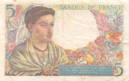 France 5 Francs Berger - 30-10-1947 Série K.156 - TB+