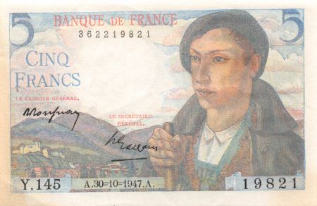 France 5 Francs Berger - 30-10-1947 Série Y.145 - TTB+