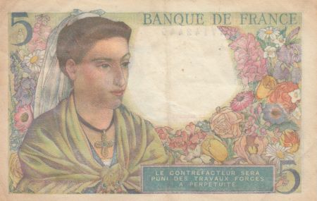 France 5 Francs Berger - années 1943 à 1947 - TTB