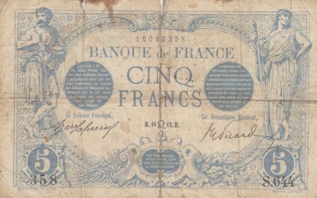 France 5 Francs Bleu  - 16-07-1912 Série S.644 - B+