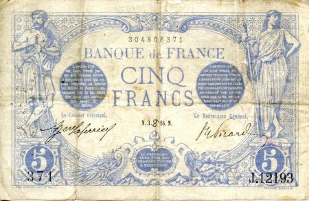 France 5 Francs Bleu - 03-06-1916 Série J.12193 - TTB