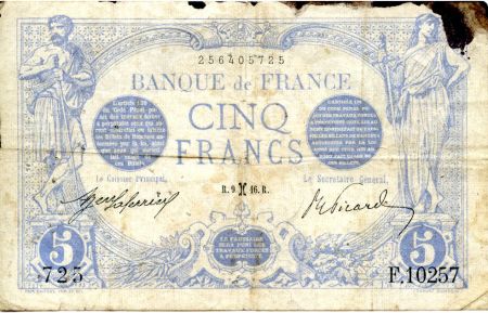 France 5 Francs Bleu - 09-02-1916 Série F.10257 - TB