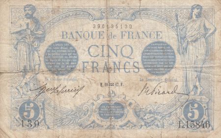 France 5 Francs Bleu - 10/01/1917 - Série L. 15846 p.TB