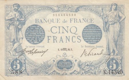 France 5 Francs Bleu - 10.10.1916 Série K.14340 P.SUP